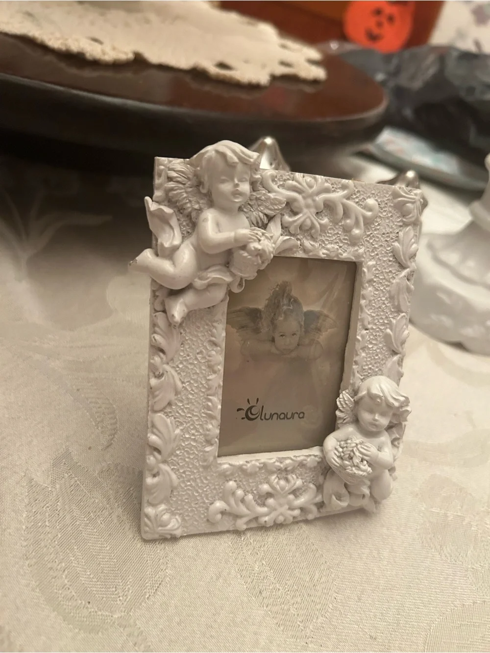 Vintage rustic shabby chic white cherub picture frame